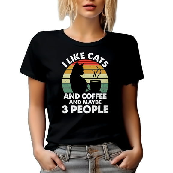 Retro I Like Cats and Coffee and Maybe 3 People - Cat Lover Introvert, Black T-Shirt, Small