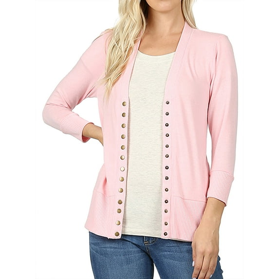Women Classic Thin Snap Button Front V-Neck Button Down 3/4 Sleeve Ribbed Knit Cardigan