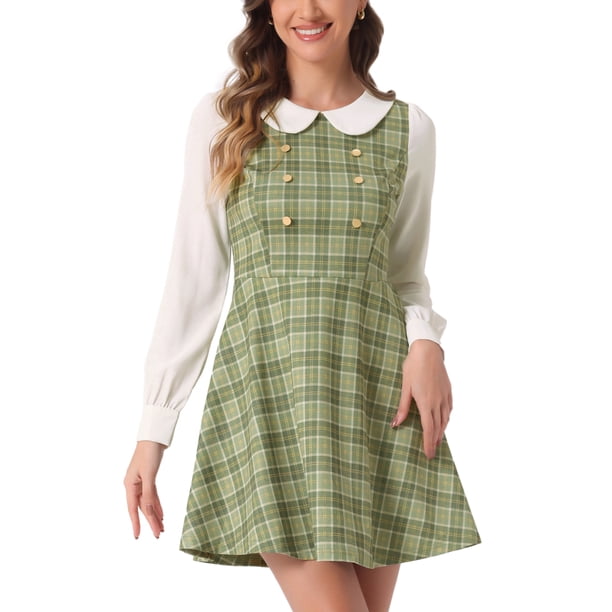 Vestido Mini A-Line de Manga Larga con Cuello Peter Pan de Cuadros para Mujeres Chic Inspire M Verde Claro