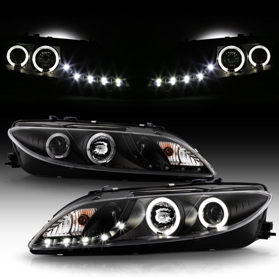 AKKON - For Mazda 6 Black Bezel Dual Ring Projector DRL LED Replacement Headlights w/Built-in Fog Light