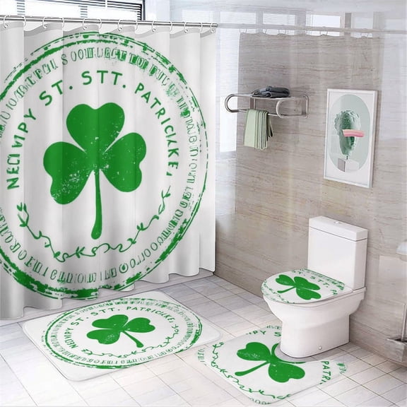 Green Shamrock Stamp Shower Curtain Bathroom Sets Toilet Lid Rug, Bath Mat And Contour Mat, Shower Curtain 4Pcs