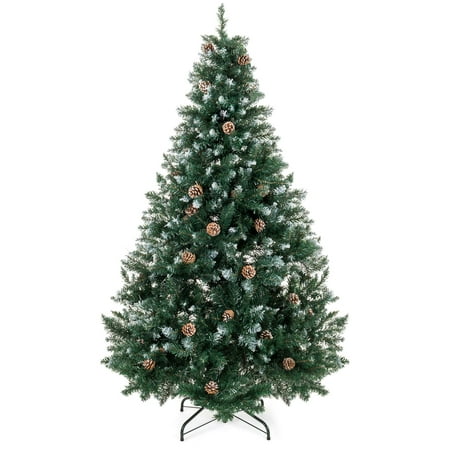 Best Choice Products 6ft Hinged Artificial Christmas Tree Holiday Decor w/ Snow Flocked Tips, Pine Cones, Metal