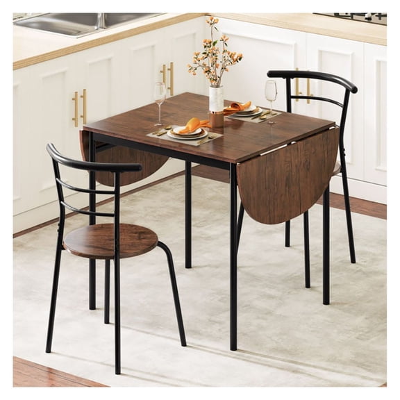 3 Pieces Dining Set with 2 Chairs, Kitchen Table Set for Small Space, Drop Leaf Table & Ergonomic Chairs, Metal Frame, MDF Tabletop, Brown & Black