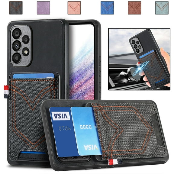 Nalacover Case for Samsung Galaxy A13 5G Back Card Slots Wallet Case, Vintage Denim Pattern PU Leather Magnet Car Mount Cover, Full Edge Protection Anti-Drop Shockproof Case,Black