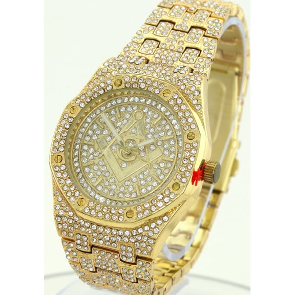 Men's masonic logo Gold tone CZ clubbing watch 41.5mm 11.5mm thick case.