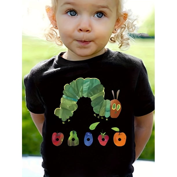 Adorable Cartoon for CATERPILLAR & Fruit Print Girls' T-Shirt - Soft Blend, Casual Round Neck, Short Sleeve, Machine Washable - Perfect for Summer