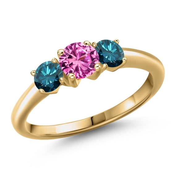 Gem Stone King 18K Yellow Gold Plated Silver Pink Created Sapphire and Blue Diamond Engagement Ring for Women | 1.09 Cttw | Round 5MM | Gemstone September Birthstone | Size 7