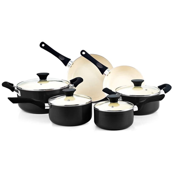 Cook N Home Basics Ceramic Nonstick Pots and Pans Cookware Set, Dutch Ovens and Saucepans with Glass Lid, Frying Pans without Lid, Not Induction, 10-Piece, Black