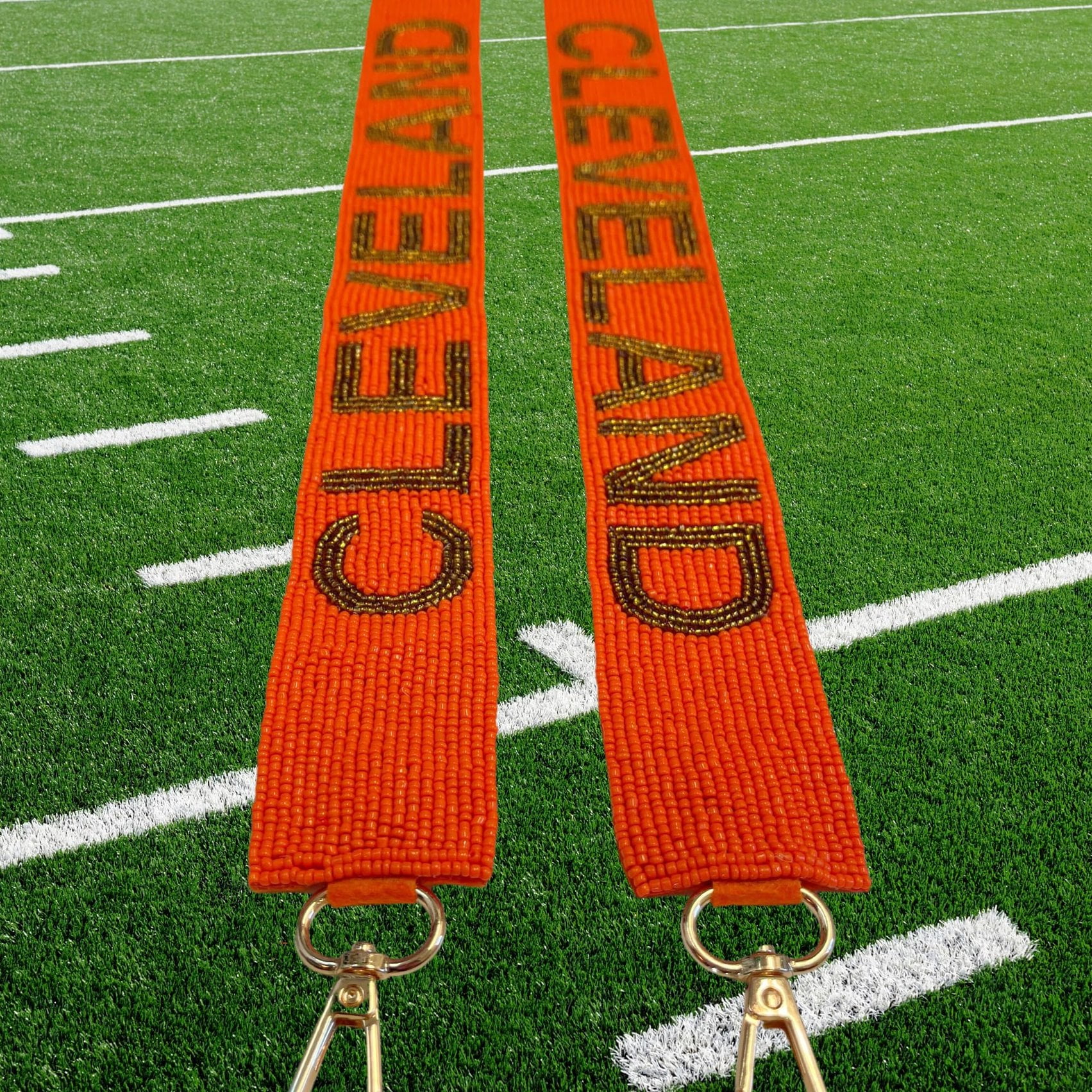 Lashicorn Cleveland Orange Beaded Purse Strap Brown Letters 49 Pro Football Stadium Approved Clear Bag Browns Gold Hardware Sports Ohio North