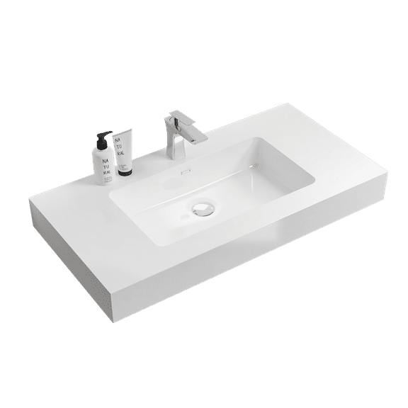 BB02-36-101, Integrated solid surface basin WITHOUT drain and faucet, glossy white color