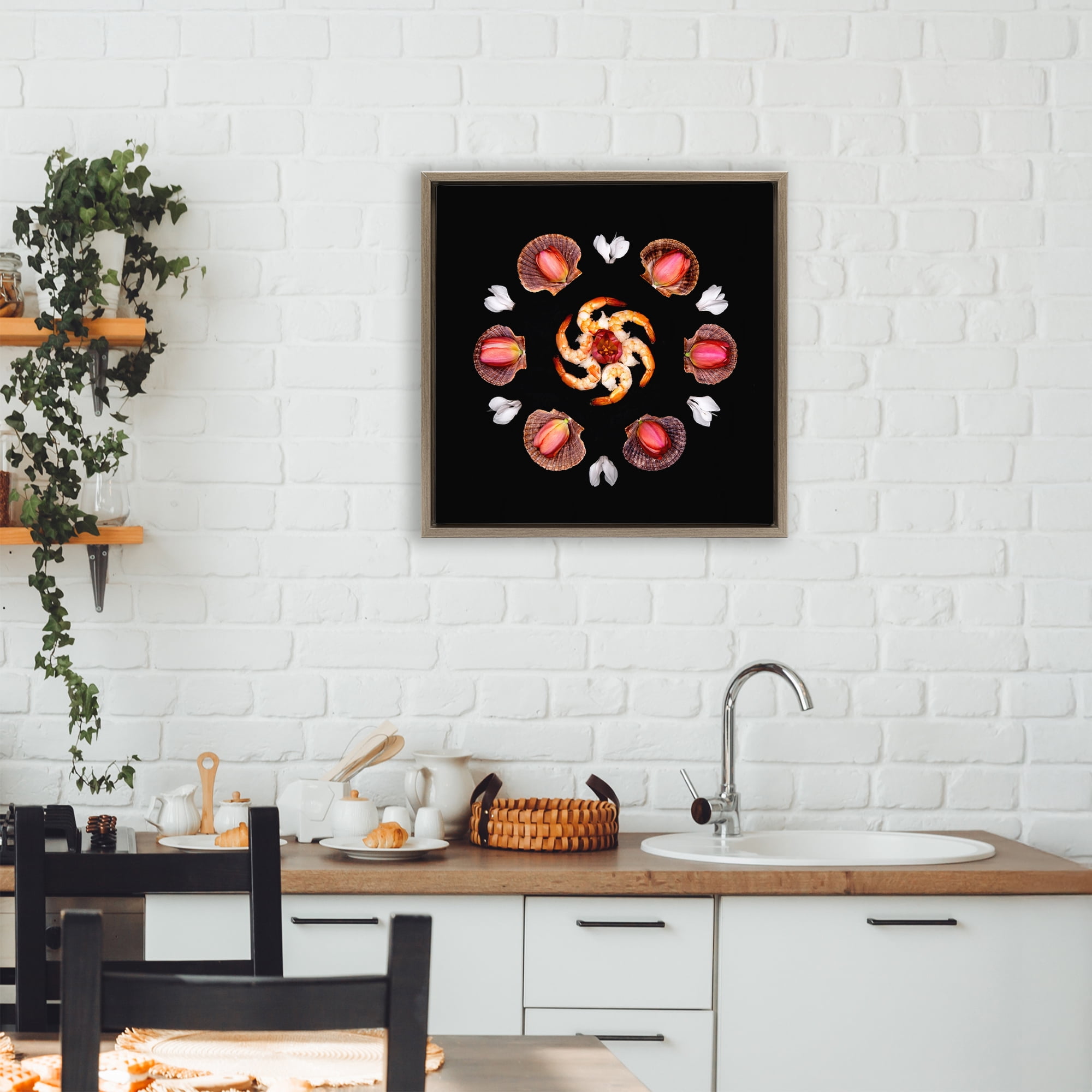 Stupell Industries Seashells & Tulips Symmetry Brown Framed Floater Canvas Wall Art, design by Beth Adoette