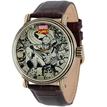 Marvel Spider-Man, Iron Man, Hulk, Captain America Men's Vintage Gold Antique Alloy Case Watch, Brown Croco Leather Strap