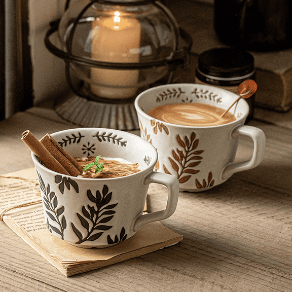 Set of 2 Ceramic Coffee Mugs with Embossed Leaf Pattern, 14 oz Large Stoneware Tea Cups – Rustic Farmhouse Boho Style Durable Drinkware for Coffee, Tea, Cocoa, and Kitchen Décor