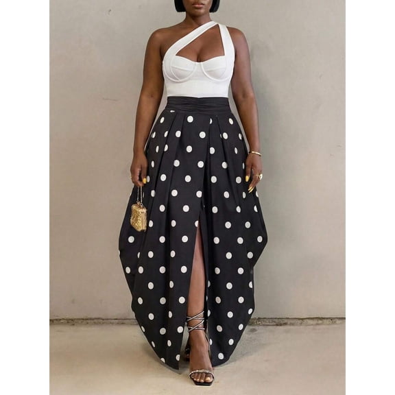 Black And White Polka Dot Pleated Maxi Skirt With Front Slit, Elegant Resort Style For Daily Wear And Parties