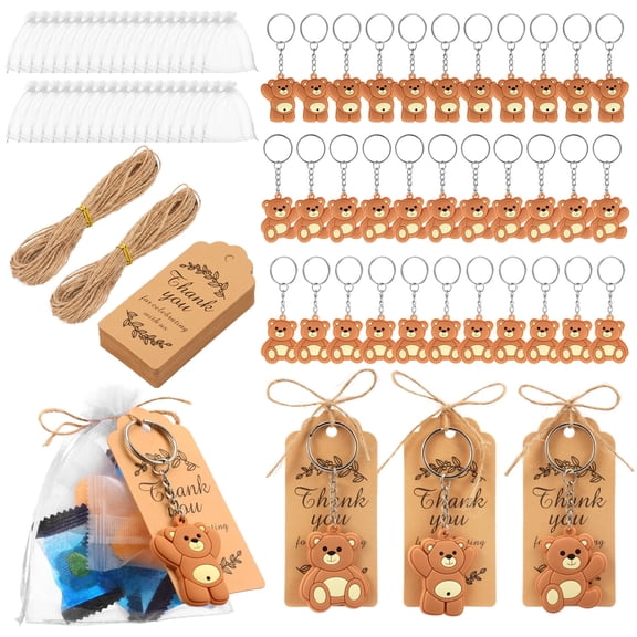 Threns 110 Pcs Bear Baby Shower Favor Bear Party Favor Cute Keychain with Organza Bag Thank You Paper Tag and Rope for Guest Girl Boy Birthday Party Supply Decoration (Brown)