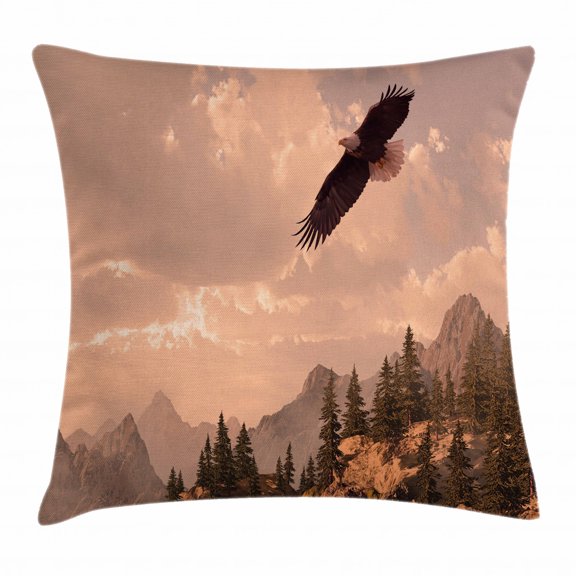 Eagle Throw Pillow Cushion Cover, Nature Photography of Rocky Mountains and Forest with a Bald Eagle Flying over It, Decorative Square Accent Pillow Case, 24 X 24 Inches, Rose Green, by Ambesonne