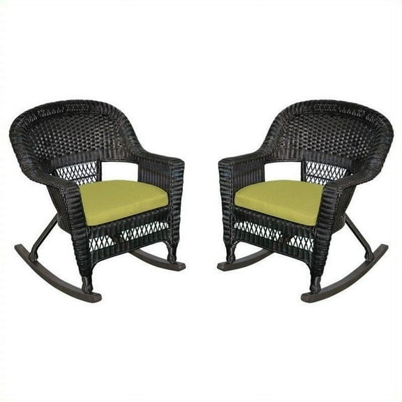 Jeco Wicker Rocker Chair in Black with Green Cushion (Set of 2)