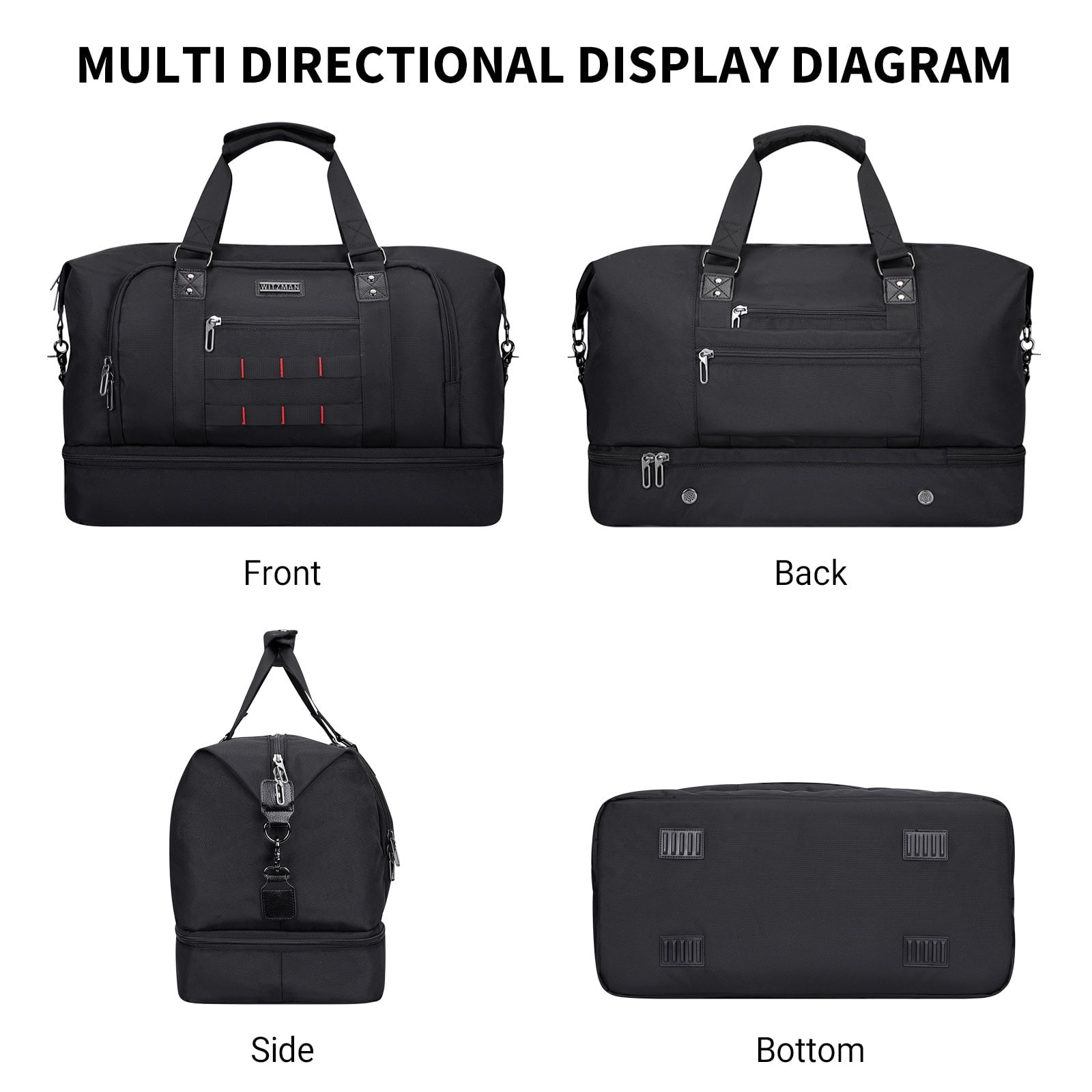 WITZMAN Travel Duffle Bags for Men Weekender Bags with Toiletry Bag Sets Carry on Overnight Bag 55L（B696 Black）