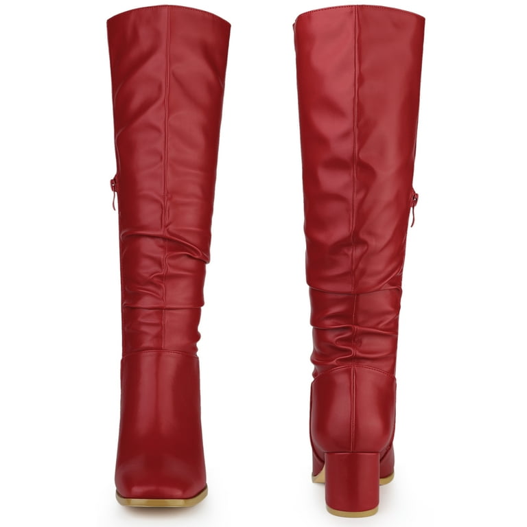 Unique Bargains Women s Slouch Square Toe Chunky Heels Knee High Boots Red 7 Walmart