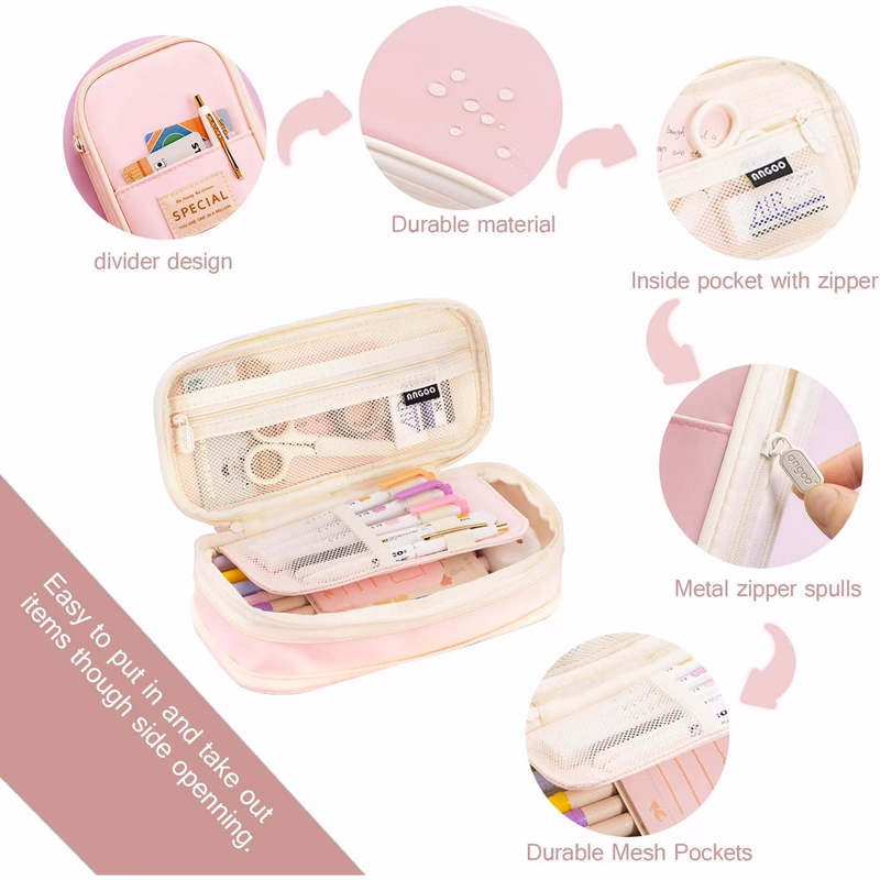 thumbnail image 6 of Big Capacity Pencil Pen Case Simple Stationery Bag College Office Organizer Pink, 6 of 7