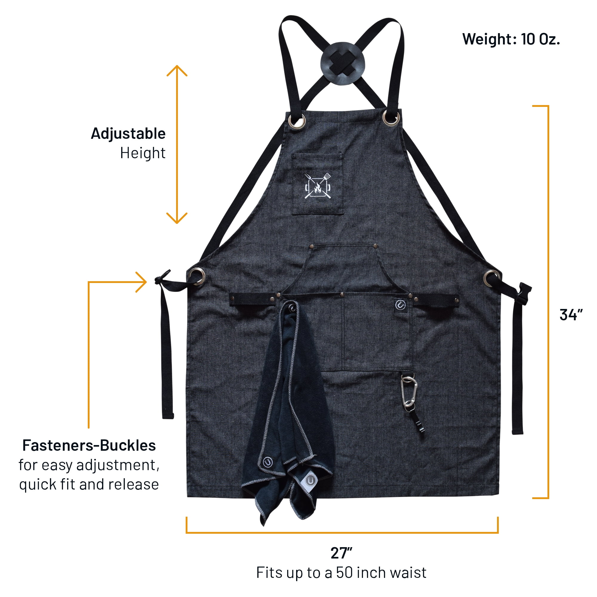 Kitchen Apron for Men | Professional Grade made for Cooking, BBQ, Grill, Chef | Quick-Release Buckle, with Magnetic BBQ Towel and Grill Tool Pockets and Holders. 10 oz. Cotton.