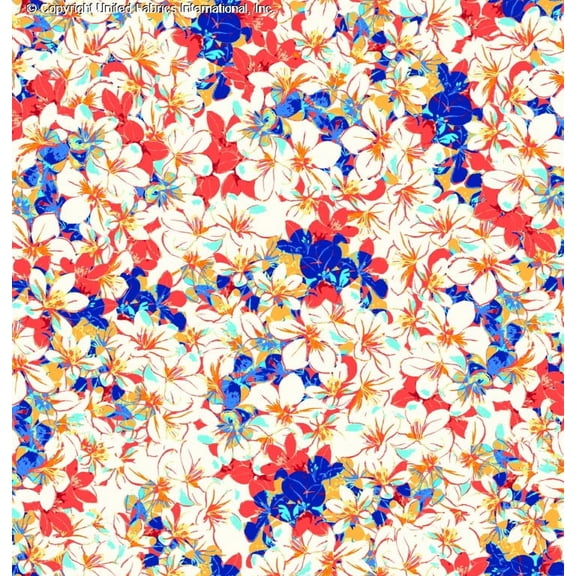 Challis Rayon Printed Frangipani, Floral Fabric, Dress Sewing Craft (CORAL/AQUA/BLUE, ByYard)