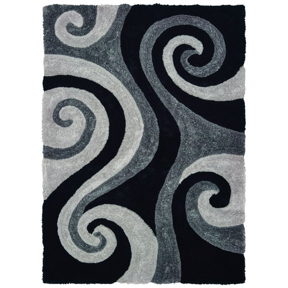 Designer Home Revolution Shag Area Rug 2100 21570 Chimes Black Wavy Whirls 7' 10" x 10' 6" Rectangle