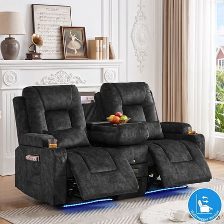 Power Reclining Loveseat with Console, Wall Hugger RV Sofa with LED Lights Bluetooth Speakers, Velvet Fabric, Charcoal Gray