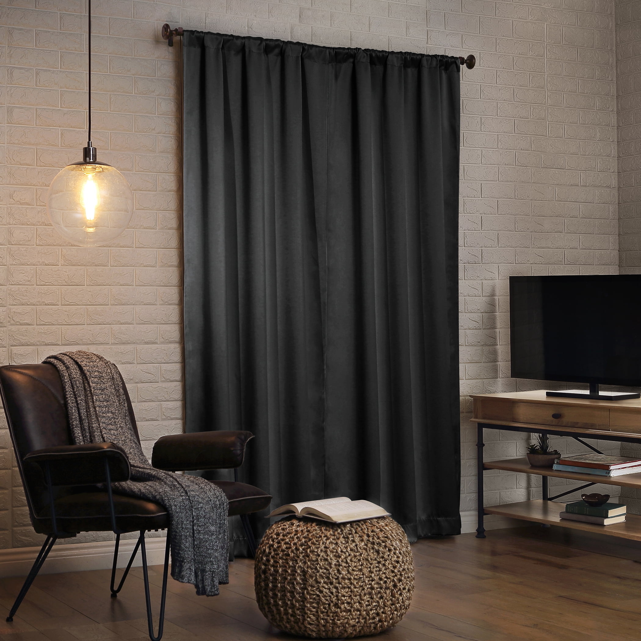 Sun Zero Avery 100% Blackout Rod Pocket Single Curtain Panel, Coal, 40"W x 95"L