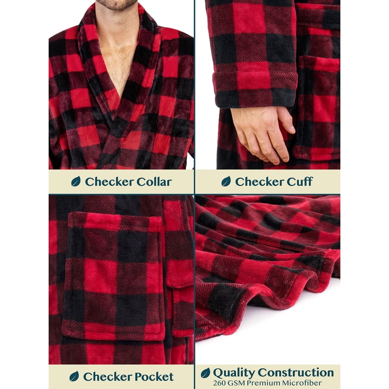 Pavilia Men's Plaid Fleece Bathrobe, Red photo 5