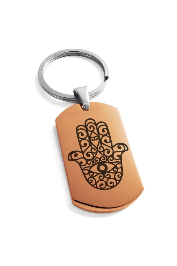 Stainless Steel Filigree Hamsa Hand of Fatima Engraved Dog Tag Keychain Keyring