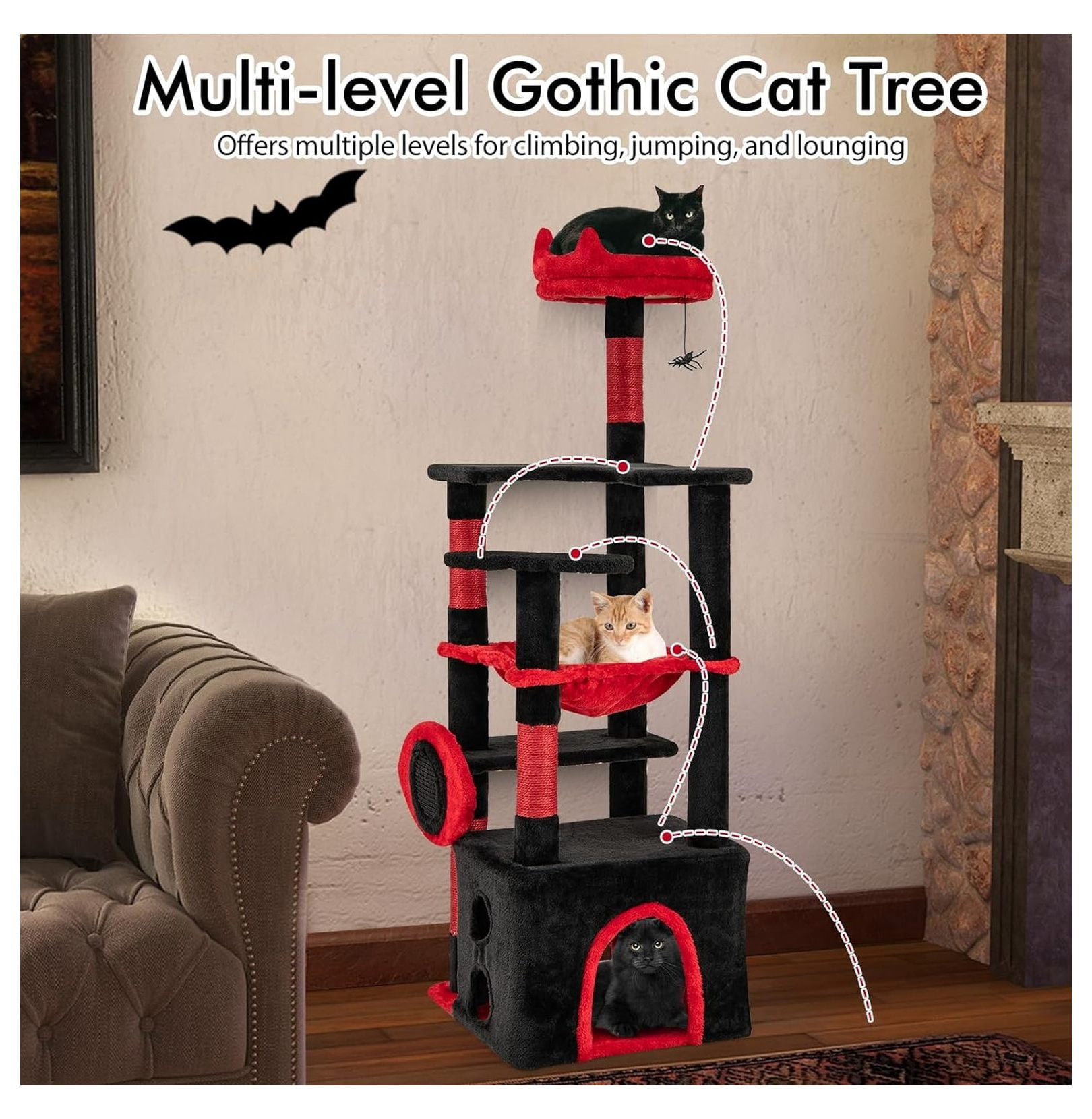 52 Inch Gothic Cat Tree Tower, Multi-Level Cat Tree with Scratching Posts, Hammock & Condo, Black Cat Furniture for Indoor Cats, Spider Toy Included