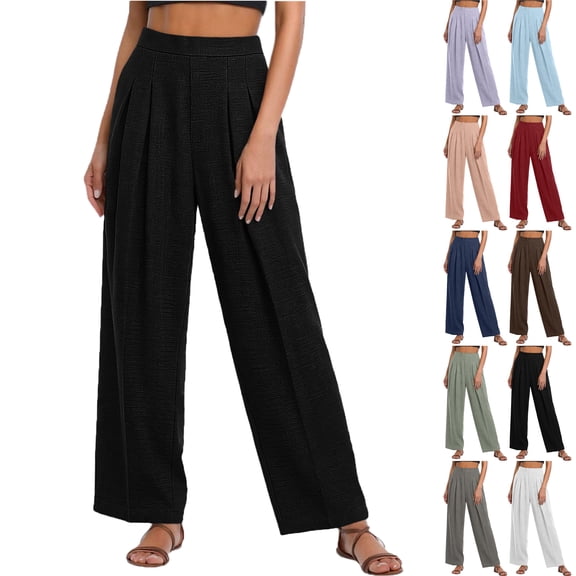 Lenago Women's Linen Look Pleated Straight Leg Pants with Elastic Waist Lightweight Drapey Trousers for Work Casual Vacation