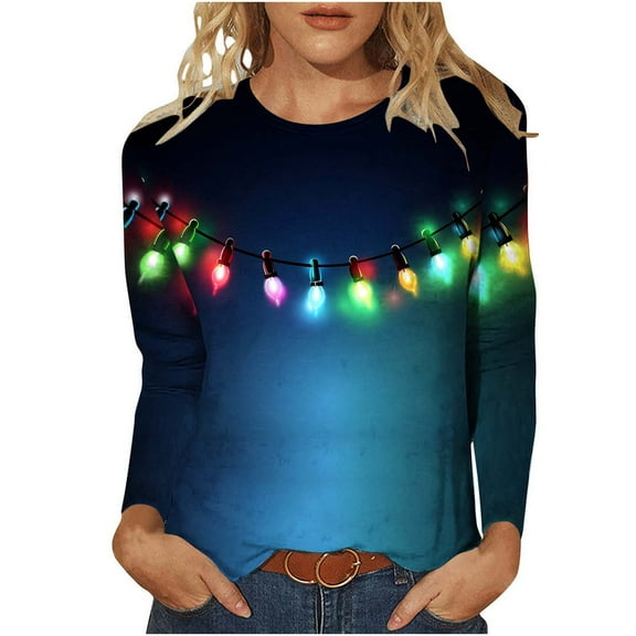 asdoklhq Plus Size Tops Christmas Christmas Women's Fashion Tees Casual Round Neck Loose T Shirt Long Sleeve Christmas Print Shirt Multicolor XL