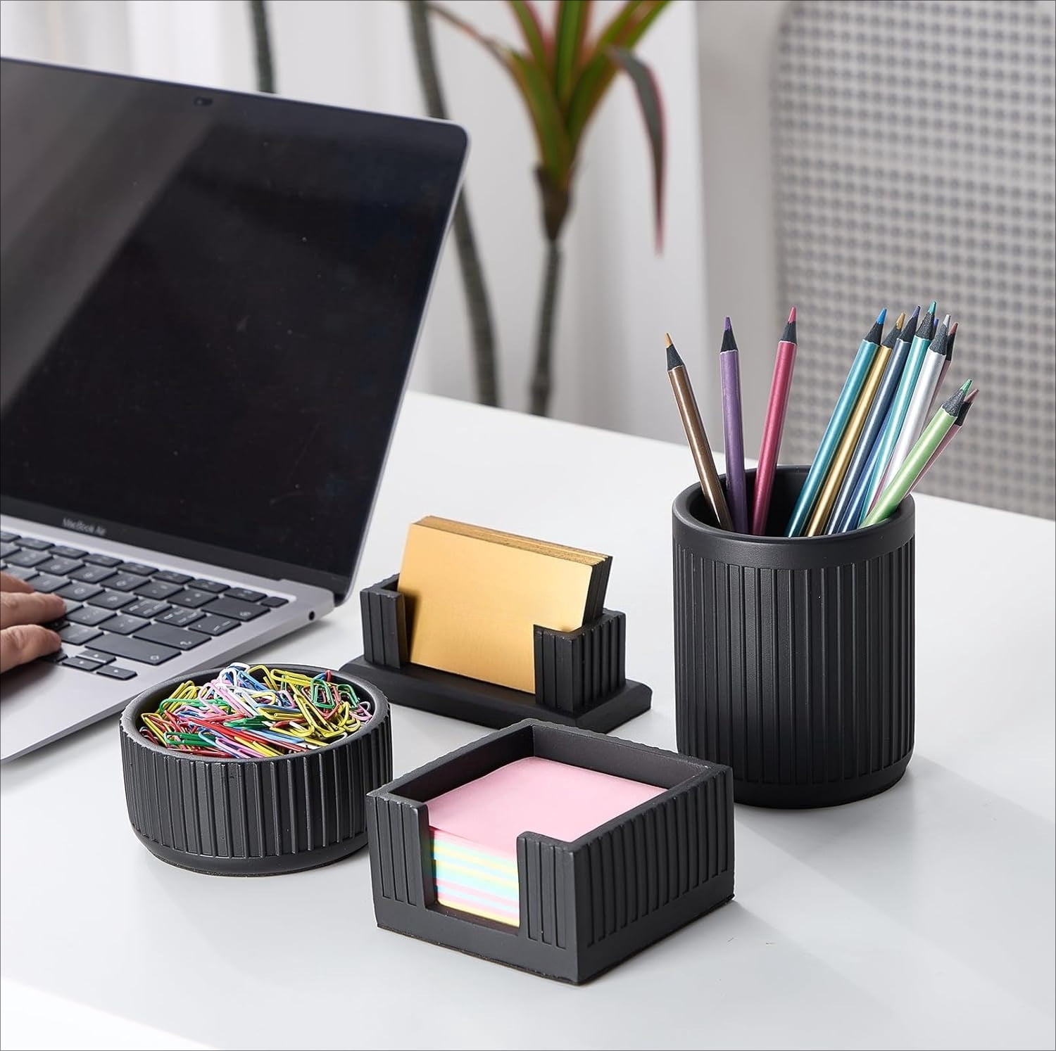 Set of 4 - Concrete Desk Accessories For Modern, Industrial, Minimalist Office Decor- Aesthetic Desk Organizers Accessories For Women or Men- Pen, Business Card Holder
