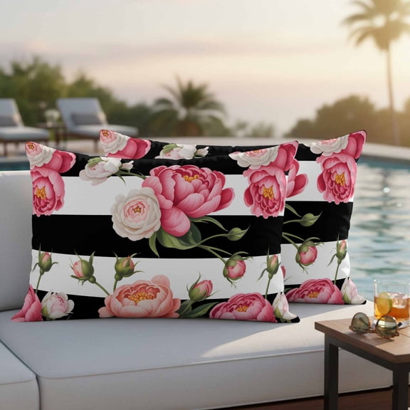 Pink Flower Outdoor Pillow Covers 20x12 Inch Lumbar Pillow Covers Set of 2 Waterproof Decorative Throw Pillow Cases Black White Stripesvintage Floral Cushion Covers for Patio Furniture Garden Couch
