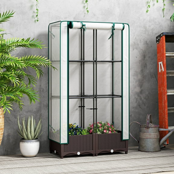 Outsunny Raised Garden Bed with Trellis, Plastic Garden Box with PE Greenhouse Cover, Drainage Holes and Zipper Door, 31.5" x 15.7" x 48.8", Brown