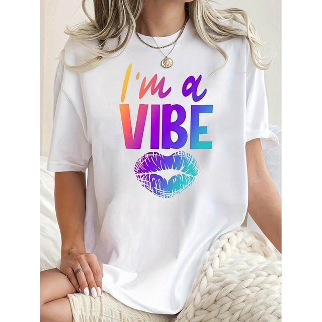 Camiseta De Mujer Camiseta De Verano Para Mujer Para Viajes En La Calle TrabajoWomen's Trendy Gradient Lip & Letter Print Tee - Casual Crew Neck Short Sleeve Top, Comfortable Summer WearFather's Day