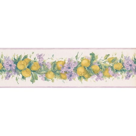 Double Pearl Border York Wallcoverings 15' L x 7'' W Lemons Flowers on Vine Pearl Retro Design Wallpaper Border ()