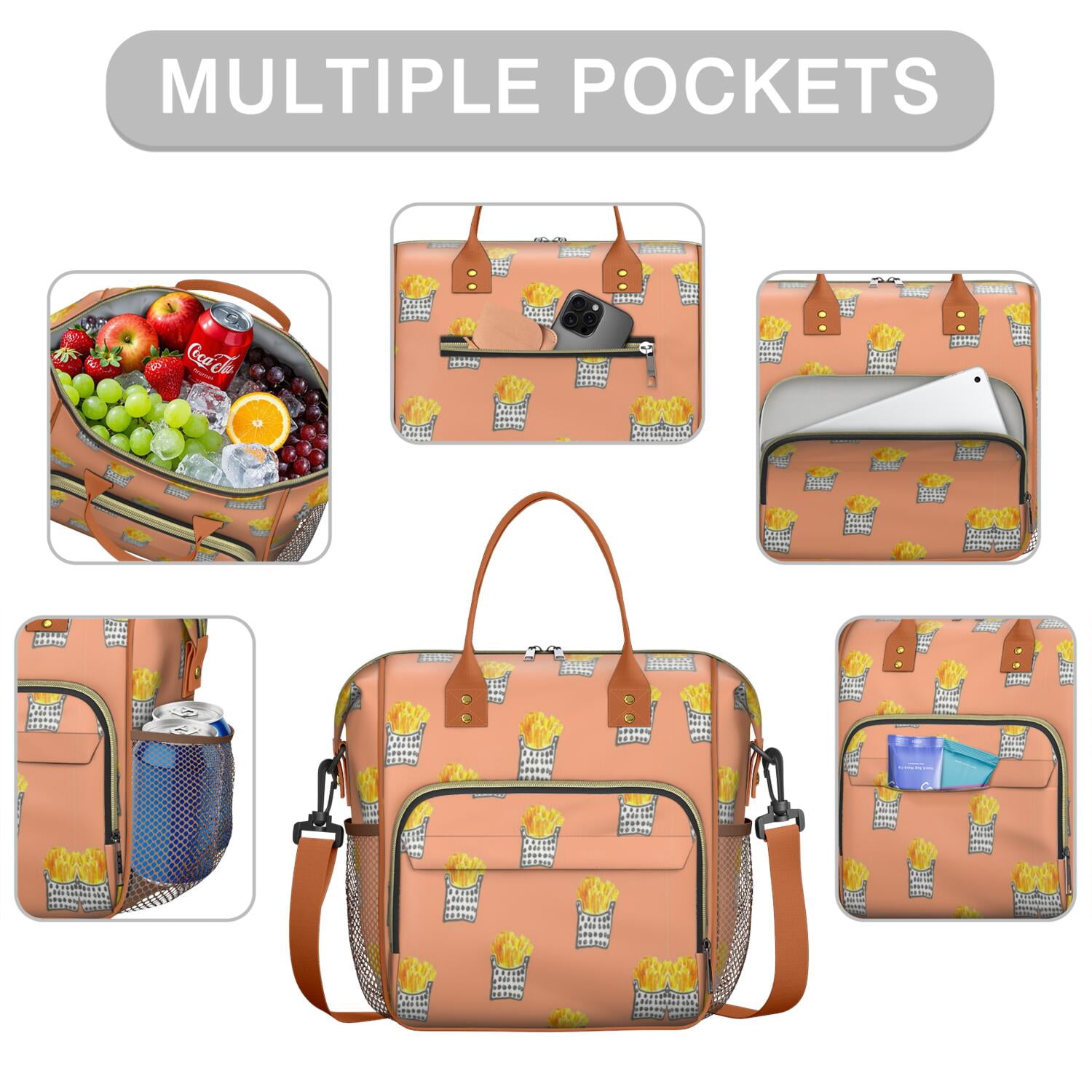 Large Insulated Tote Bag for French Fries Lovers - Leakproof Cooler Bag with Multi-Pocket Design for Potato Fries, Crispy Fries & Snacks - Waterproof Thermal Lunch Tote for Office, Travel & Outdoor