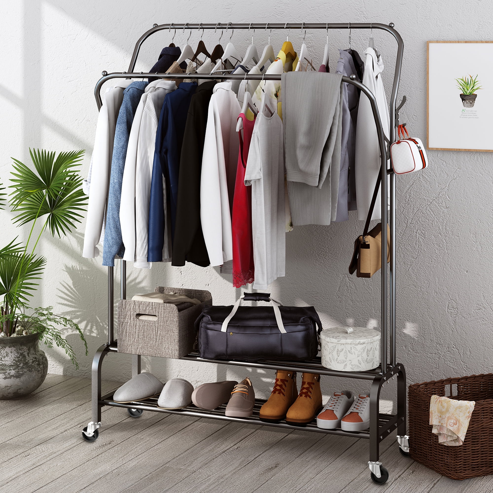 UNTIMATY Heavy Duty Clothes Rack for Hanging Clothes, Metal Rolling Garment Clothing Racks with Wheels Double-Rod 8 Hangers 2 Shoe Shelves, Black