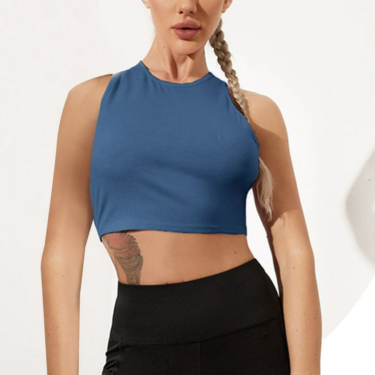 Crop Top Tanks For Women Blue Nylon,Spandex 1PC Camisoles With Built In Bra  XL