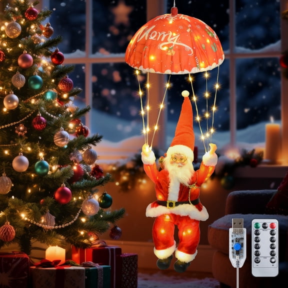 Fohil Christmas Lights 25" Santa Claus Parachute LED Lights 8 Lighting Modes Indoor Outdoor Christmas Decoration for Tree Home Porch Window