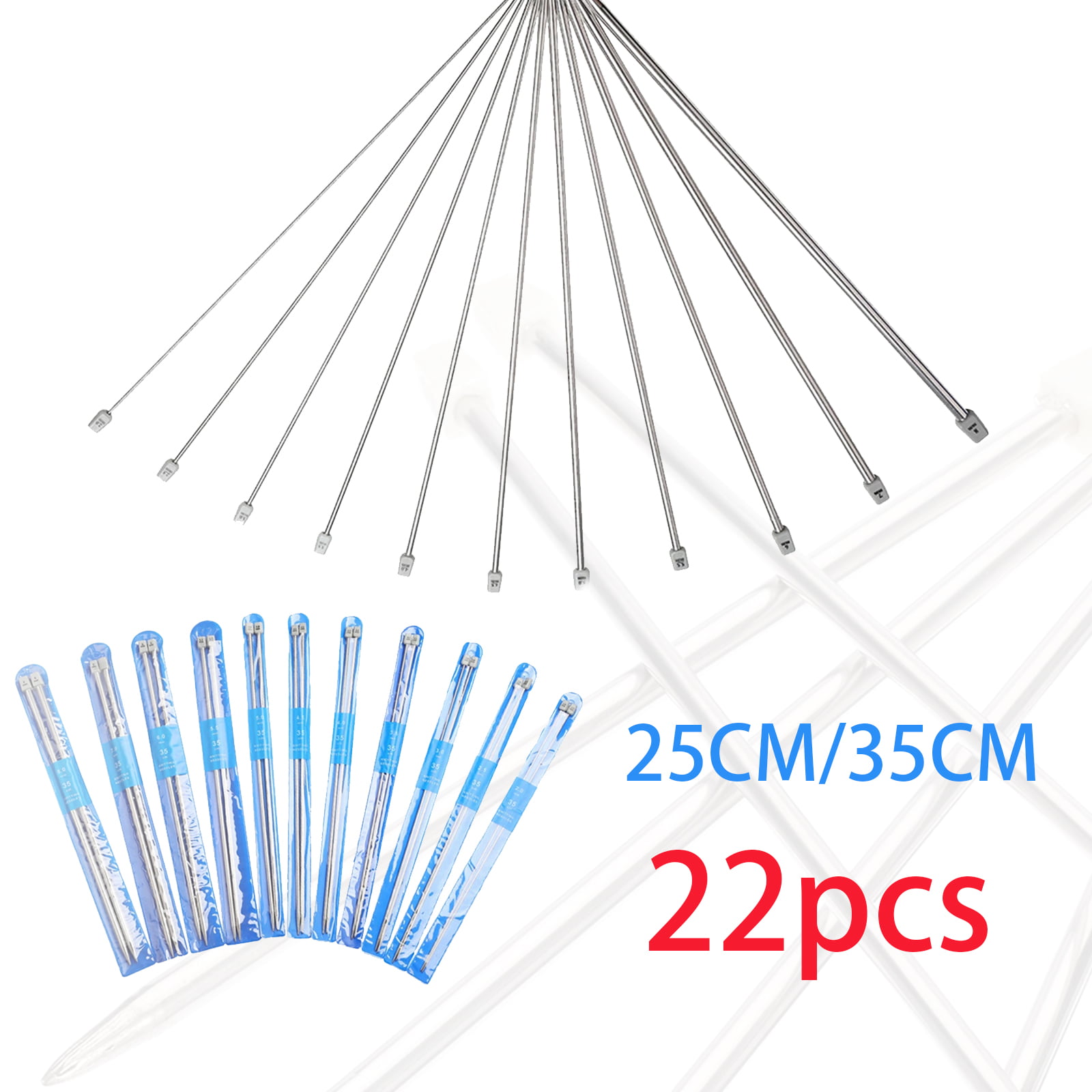 Straight Single Pointed Stainless Steel Sweater Needles with Locking Stitch Makers Large-Eye Blunt Needle 14 Pairs Knitting Needle Set 2mm- 10mm