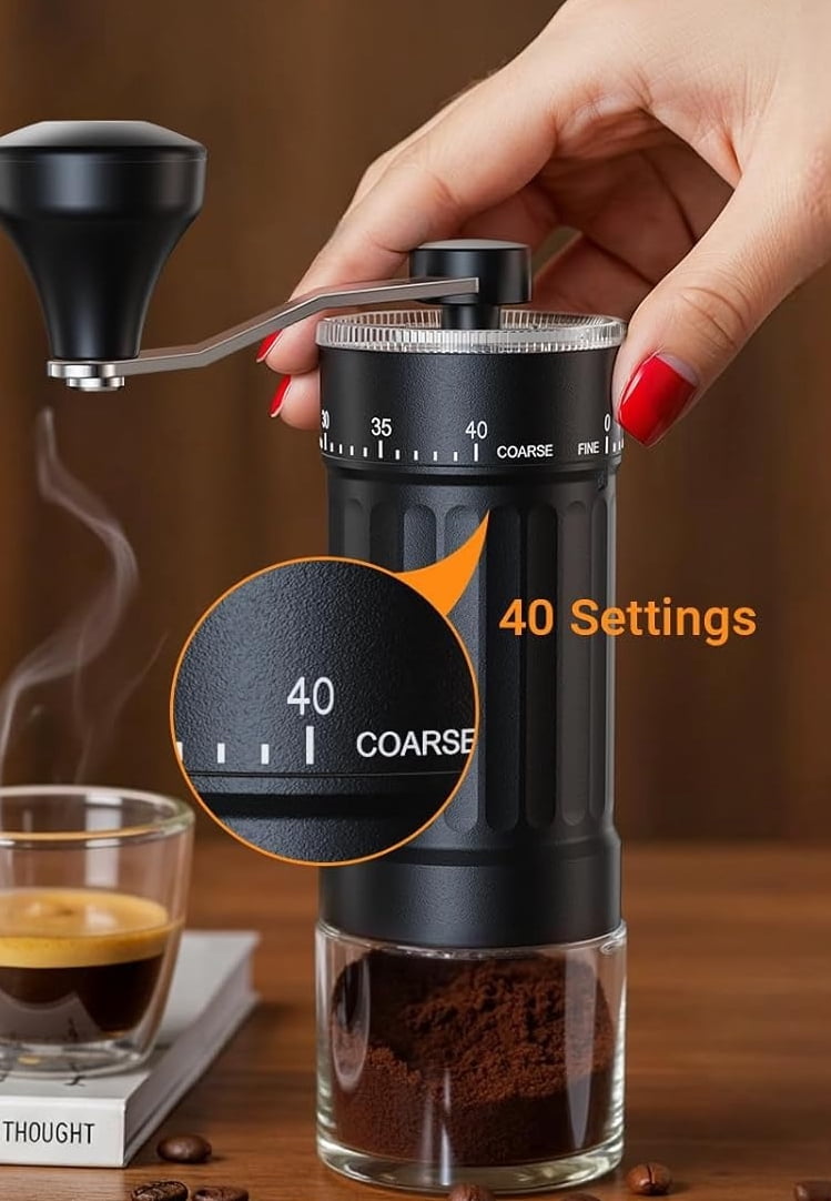 Portable Hand Coffee Grinder with 40 Adjustable Settings, 30g Capacity Conical Burr Design, Quiet Compact Manual Bean Mill for Travel Camping & Home Brewing