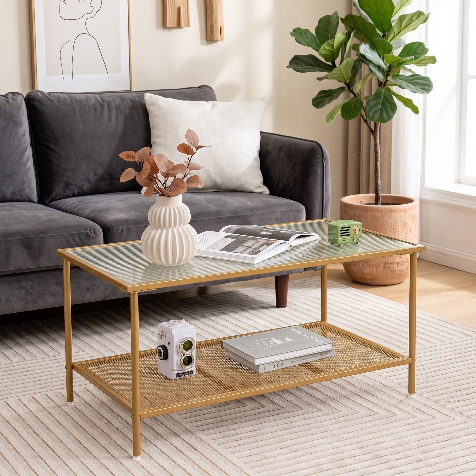 Furnibear 2-Tier Coffee Table with Tempered Glass Top and Storage Shelf, Modern Metal Frame Center Tea Table for Living Room Home Office, Golden