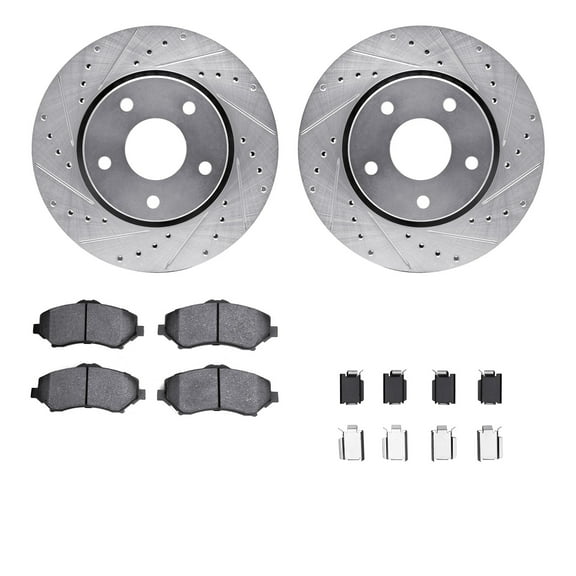 Dynamic Friction Company Front Brake Rotors-Drilled and Slotted-Silver with Ultimate Duty Performance Brake Pads includes Hardware 7412-40020