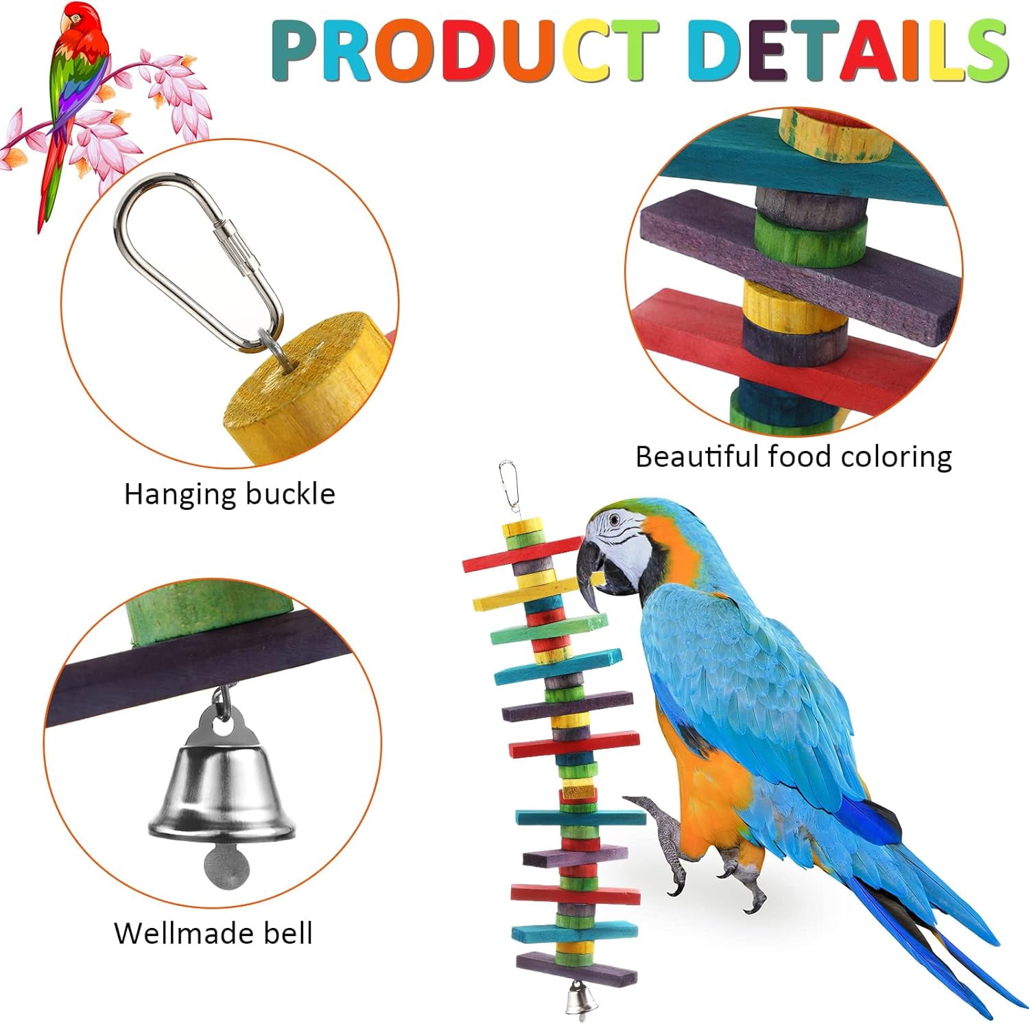 Bird Parrot Toys with Multicolored Natural Wood Blocks, Bird Chew Toys for Parrots Chewing Biting Foraging, 2 Designs
