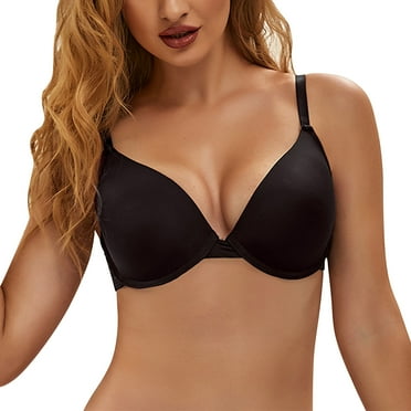 Low Cut T-Shirt Bra, Plain Color Push Up 3/4 Cup, Adjustable Everyday Underwire Bra, Black 36D