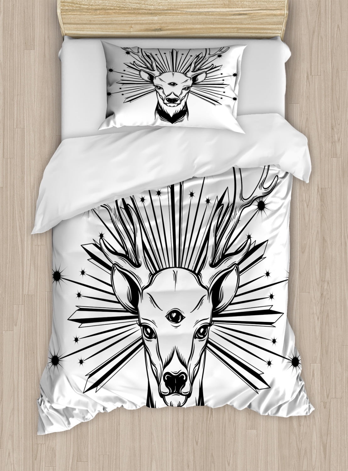 Deer Hunting Duvet Cover Set Twin Size, Monochromatic Elk Antlers